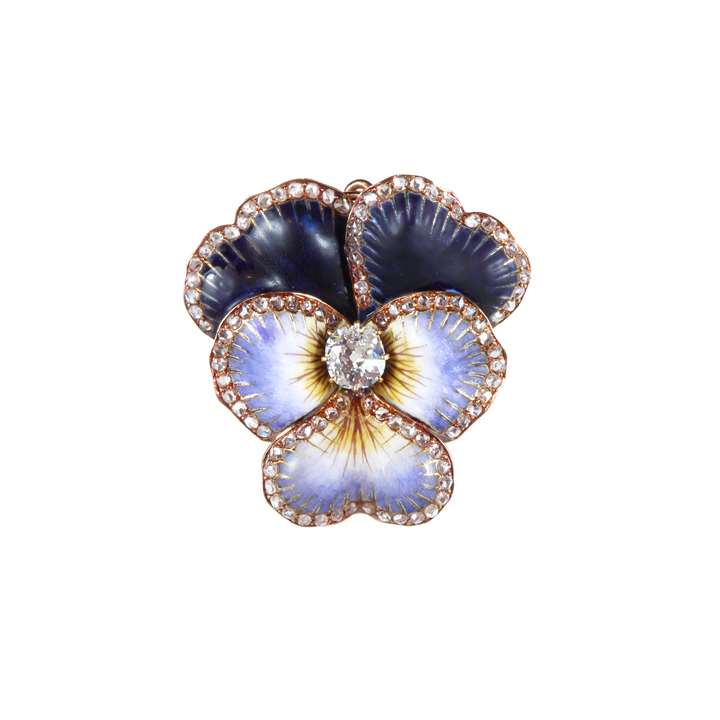 Large antique purple enamel and diamond edged pansy brooch